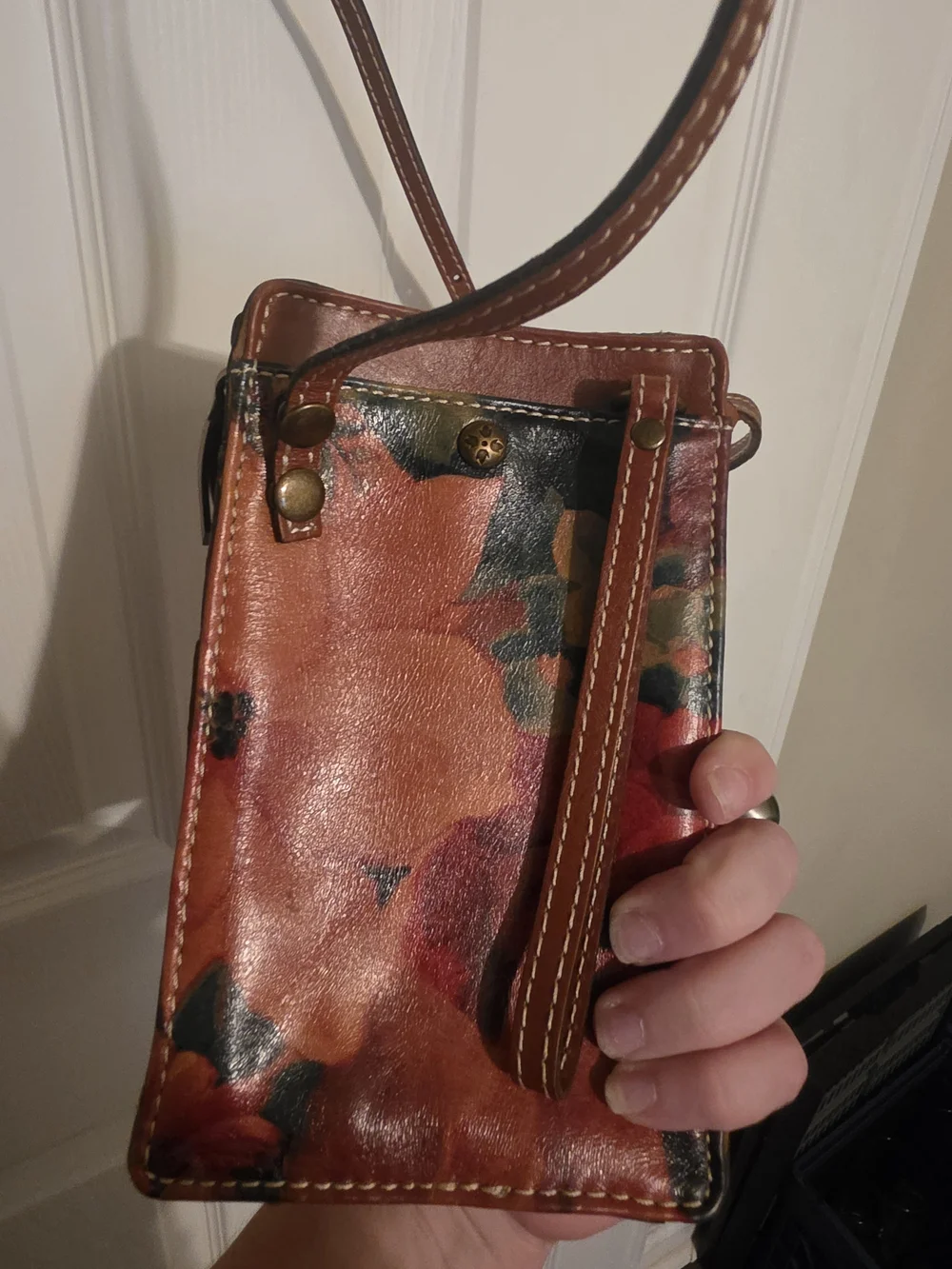 Patricia Nash Brown Floral Leather Crossbody Pouch